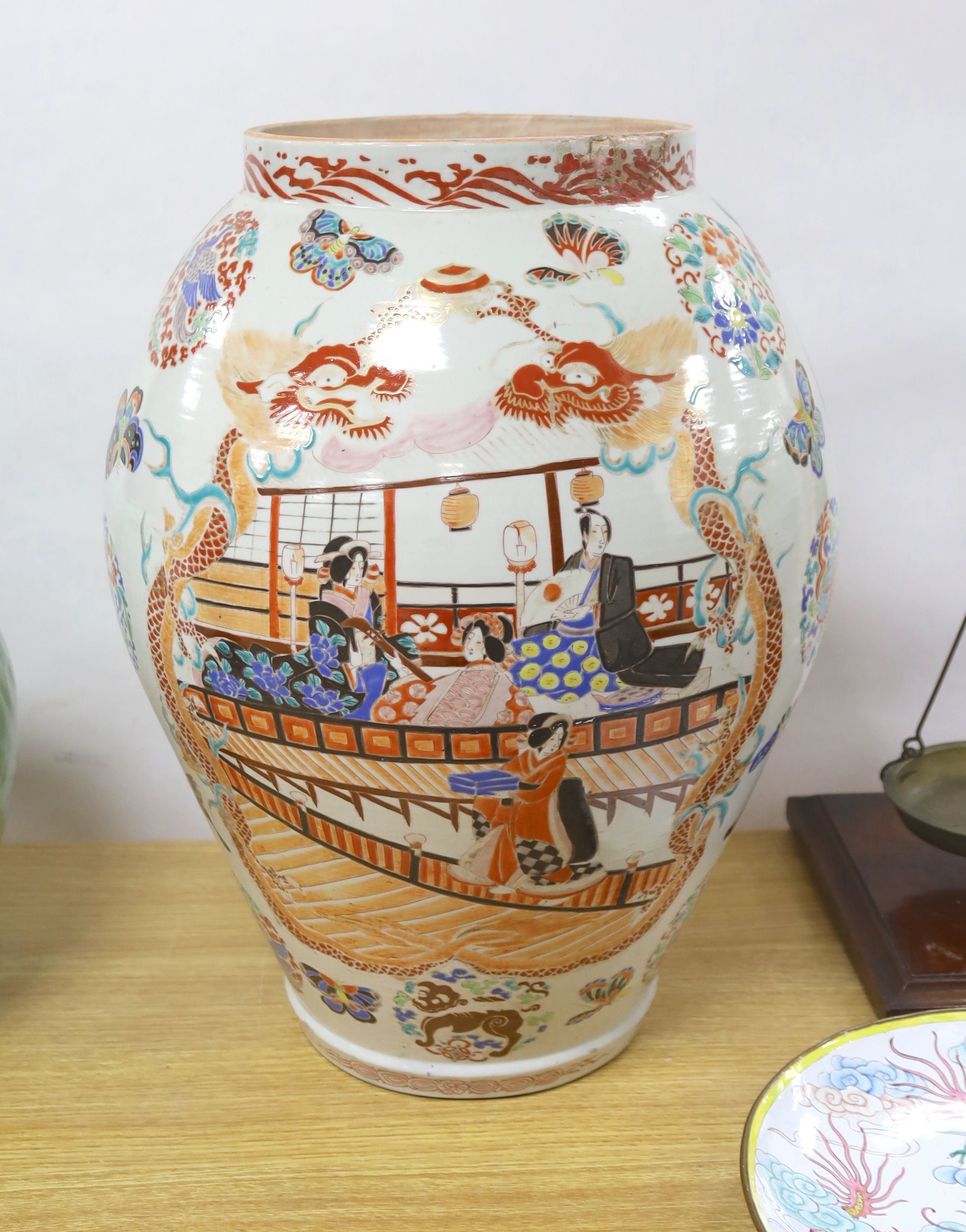 A large Japanese kutani enamelled ovoid vase, lacking cover, 52cm